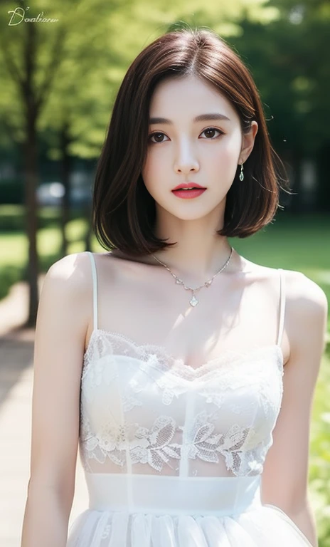 (masterpiece, best quality:1.5), beautiful girl, 8k, 50mm portrait, raw photo, absurdres, delicate girl, tiered dress, violaceaess, gardeniass, rosaceaess, cowboy shot, looking at viewer, (smile:0.4), breasts focus, thin arms, very thin waist, earrings, necklace, facelight, clear lighting, film grain, chromatic aberration, garden, (bokeh:1.3), (simple background:1.2)
