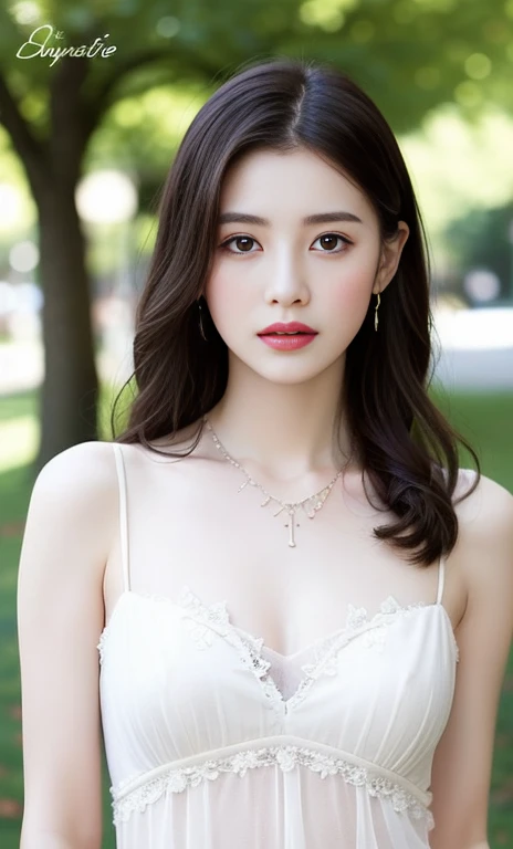 The image is a black and white text that appears to be a description of a necklace. The text is written in a cursive style and is accompanied by a picture of a necklace. The necklace is described as having a "sweetheart" shape, and the text goes on to describe the various details of the necklace, including the lace and the tulle-like fabric. The text also describes the person wearing the necklace, stating that they are also wearing a "delicate" necklace with a "symmetrical" design. The text concludes by suggesting that the background of the image is outdoors, with bare trees.