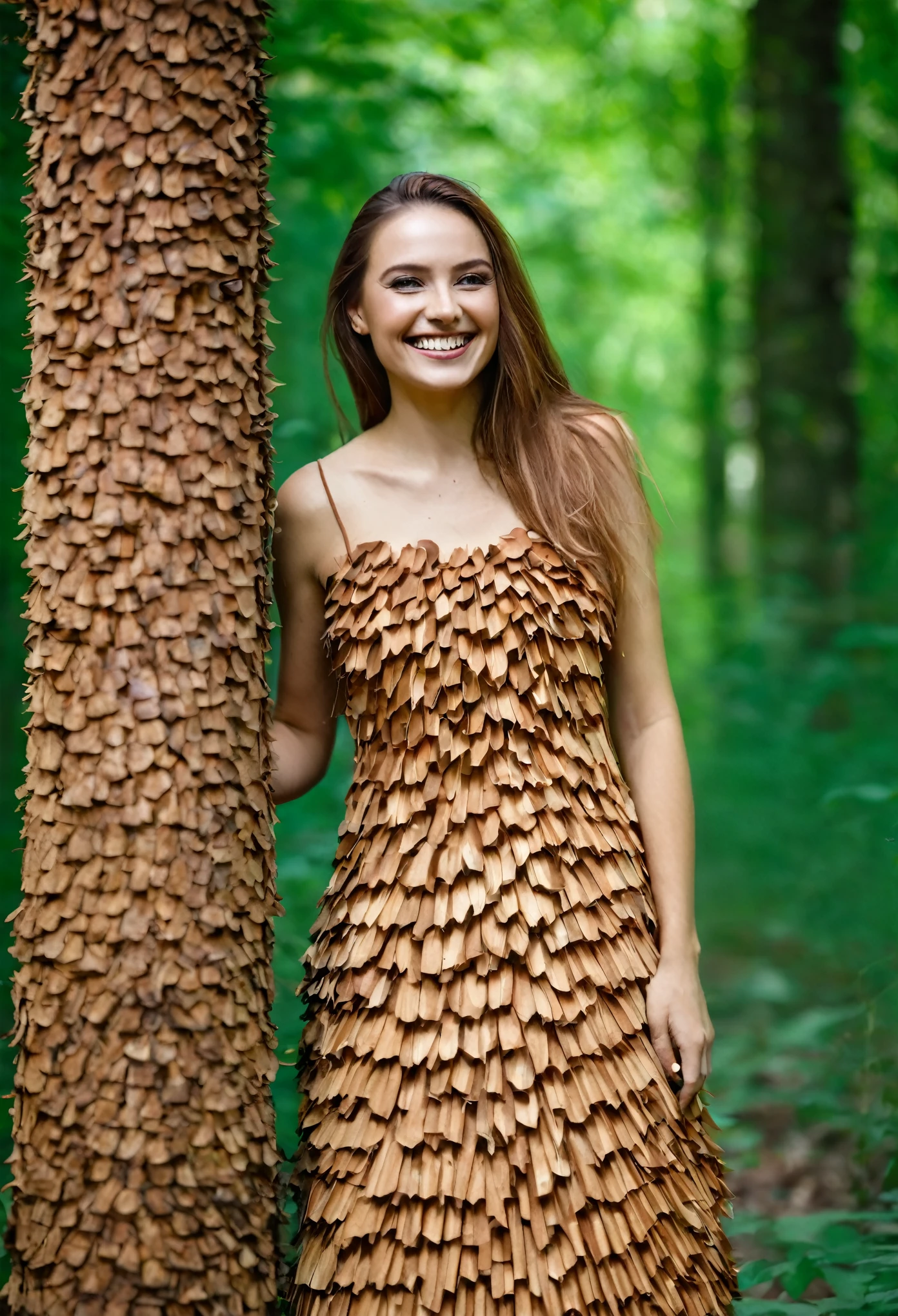 A beautiful woman in a dress made of chestnut bark smiles in the forest,