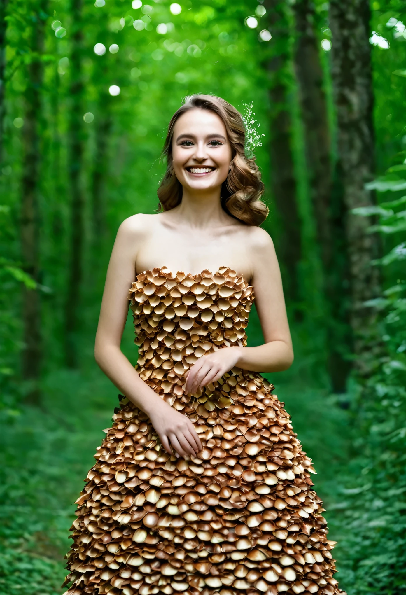 A beautiful woman in a dress made of chestnut shells smiles in the forest,