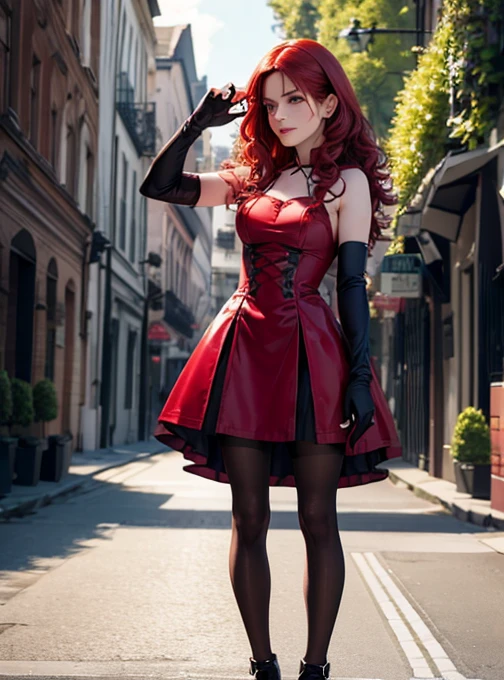 Sandra Bullock, vampire girl, very curly red  hair, tiny gothic minidress, white pantyhose,     satin elbow gloves,  shoes,  sun shiny day 