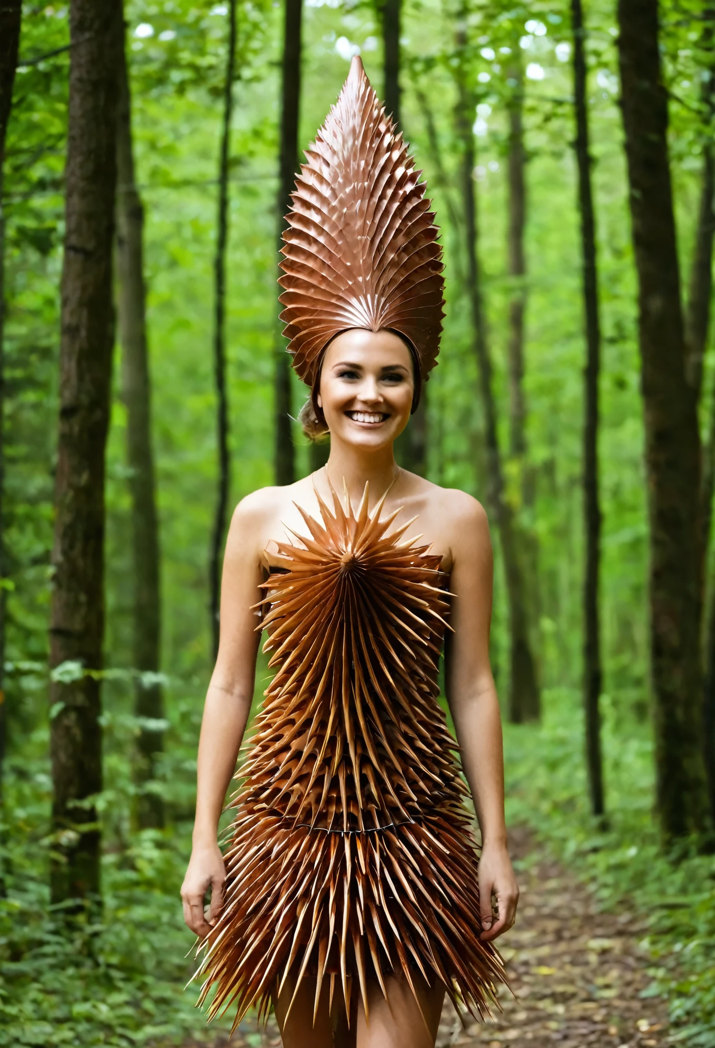 A beautiful woman in a dress made of chestnut spiked shell funnel smiles in the forest,