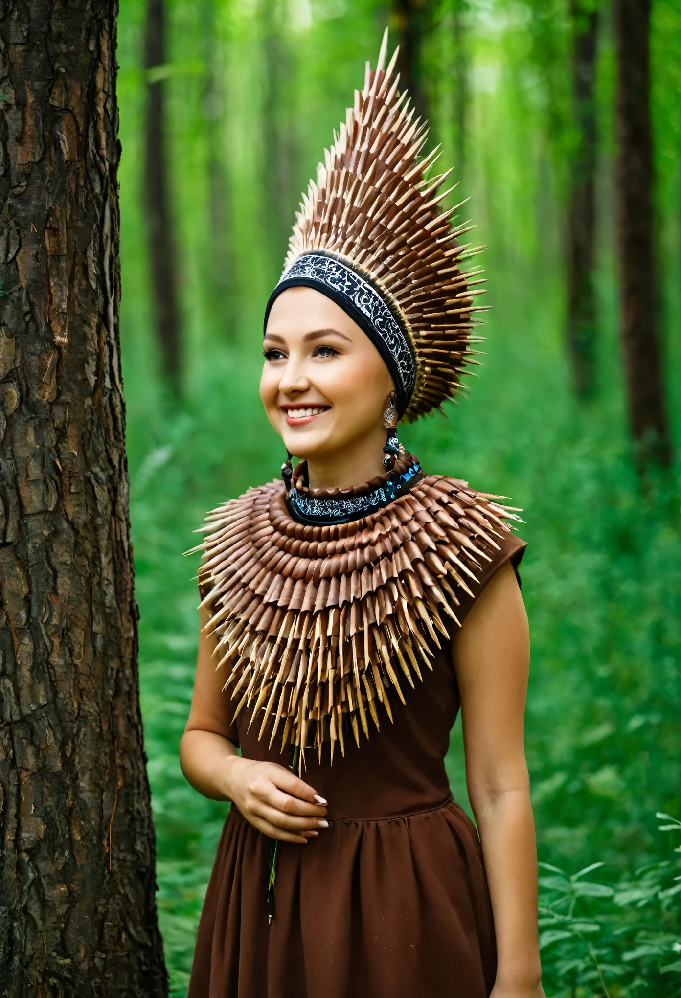 A beautiful Tatar woman in a dress made of chestnut spiked shell funnel smiles in the forest,