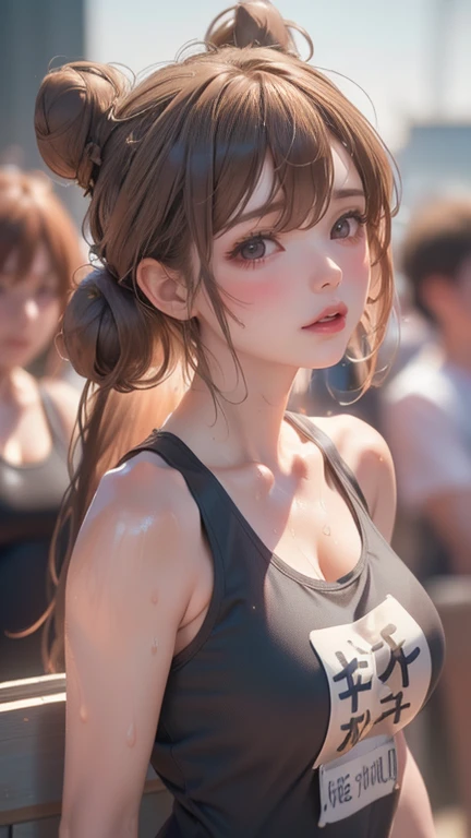 （8K，RAW photos， Best quality，Realistic images,
Long hair、((Extremely detailed),  (best quality), (Very detailed),
(8K, best quality, ((A cute woman with a space bun , A realistic, byChoi Buk, Artstation Contest Winners,  Mixed girl in a tank top swimsuit, Realistic anime face, Very realistic photos, realistic cosplay, Surrealism, 1 female model, Sweaty face, [ Realistic Photography ] Looking at the audience