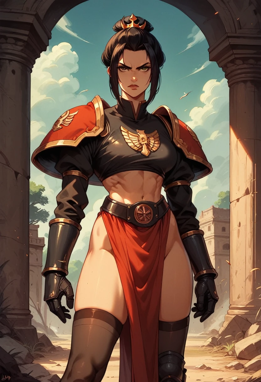 Azula, dimly lit, ancient battlefield, leather armor, firebending gloves, short spiky black hair, high thigh black stockings, standing victorious, legs spread, thick, big  boobs visible, fierce expression, 8K cinematic, sexy, revealing, closeup.