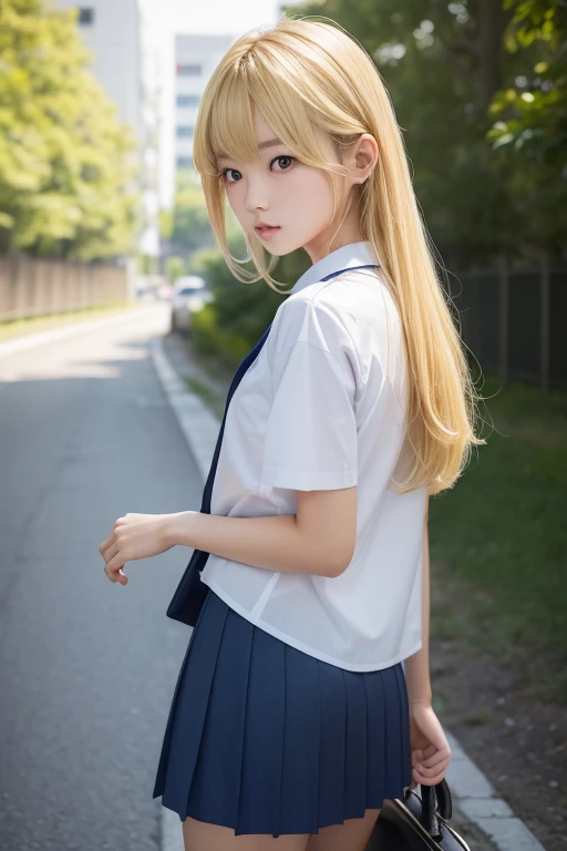 pretty embarrassing、witheout panties、8K、top-quality、 超A high resolution、Beautiful face in every detail、Realistic human skin、Gentle expression、front-facing view、angle from bellow、length hair、realisitic、Photorealsitic、cute little、a short skirt、cute school girl、Japan schoolgirl wearing uniform、Surreal High School Girl(((Best Quality))), ((Very short blue skirt)), perspired, ((Skirt lift)), Looking at Viewer , (From below), (embarrassed), Open mouth, Background City at night, Blonde hair, Black underwear