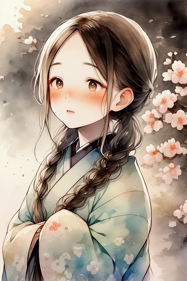 A close-up of a beautiful 30-year-old Japanese woman gazing up at the sky, painted in watercolor style. The composition focuses on her facial expression, capturing her gentle, thoughtful look as she gazes upward. Her delicate features, such as her eyes, nose, and lips, are highlighted, with soft shadows and a flowing hairstyle framing her face. The watercolor effect adds a dreamy quality to the image, with subtle, vibrant colors creating a serene and tranquil atmosphere around her.