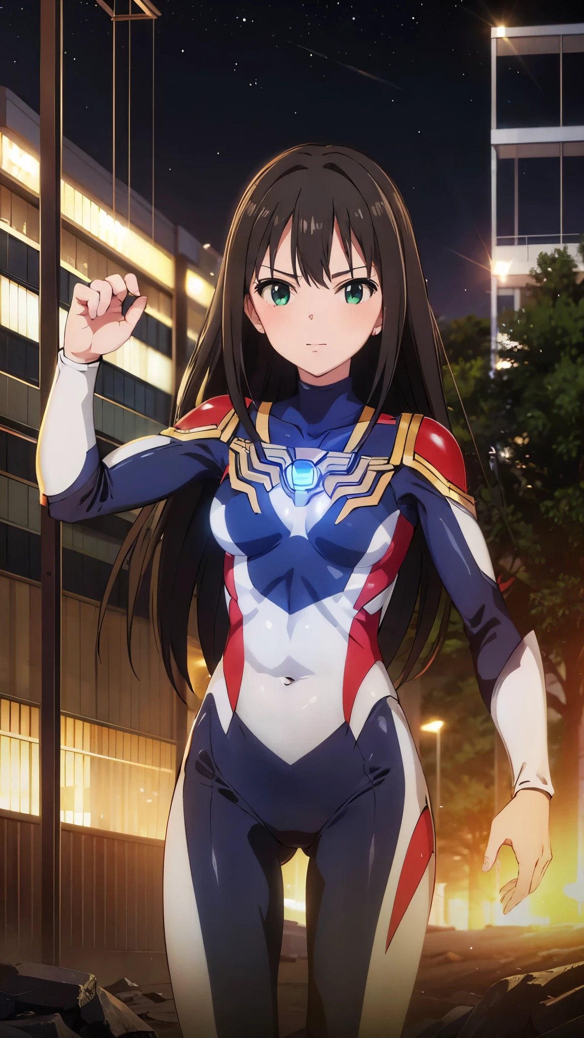 (masterpiece、Highest quality、In 8K、High resolution:1.2)、alone、One Girl、 Rin Shibuya, Anguished expression、Tight clothes、Cowboy Shot、Look at the viewers、Combat Ready、Hero Suit、Bodysuits、Tight suit、(Hmph :1.0), ウルトラマンBodysuituscular、Trained abdominal muscles、Trained biceps、Shining jewel on the chest、(building:1.2)、Night Scenery、Being attacked by the enemy、(execution)Bodysuitsが破けて血が出ている