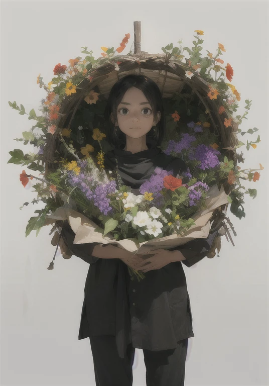 masterpiece, absurdres, woman laying  in coffin, flowers, flower censoring, covered in flowers, surrounded by flowers, interlocked fingers, own hands together, eyes closed eyes,