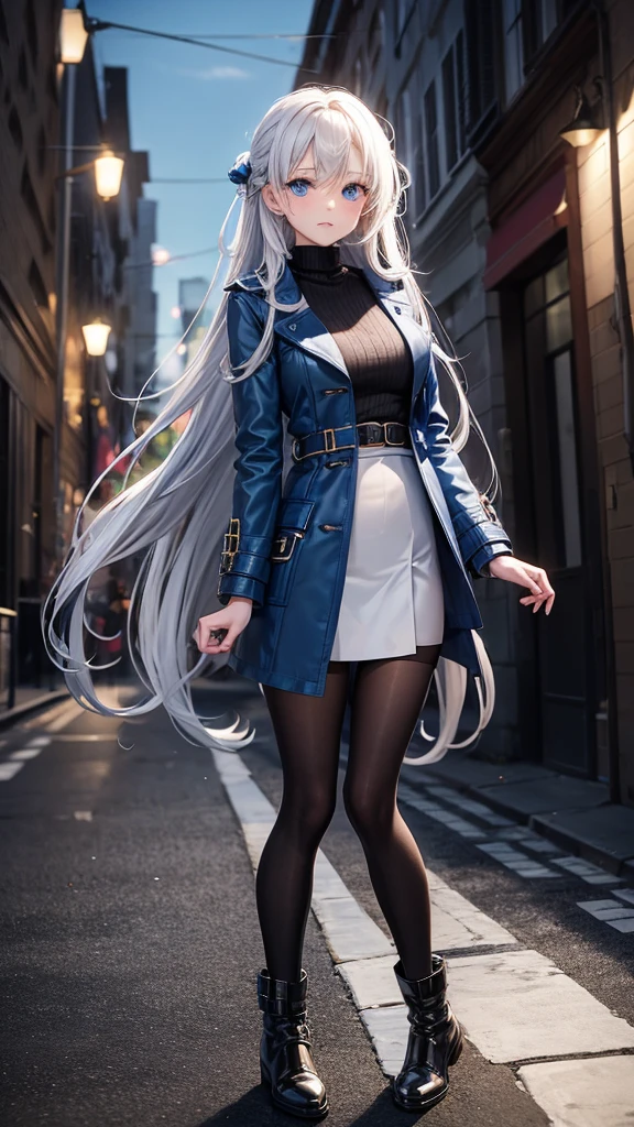 ((Woman standing on balcony of palace))、((posterior view)),1girl in、　(( Silvery hair))To, Long hair, ((Side Ponytail)), aqua eyes, longeyelashes, makeup, Smile, Cubist Futurism, depth of fields, One-person viewpoint, F/1.2, 135 mm, canon, nffsw, retinas, masutepiece, ccurate, Anatomically correct, Textured skin, Super Detail, high details, High quality,（breasts of medium size,）、（A slender )Best Quality, hight resolution, 1080p, hard disk, 4K, 8K、((Off-the-shoulder snow-white dress)),　garterbelts、Black pantyhose、high-heels、White walls intertwined with ivy、((Black lace panties are visible)),((fur-coat))