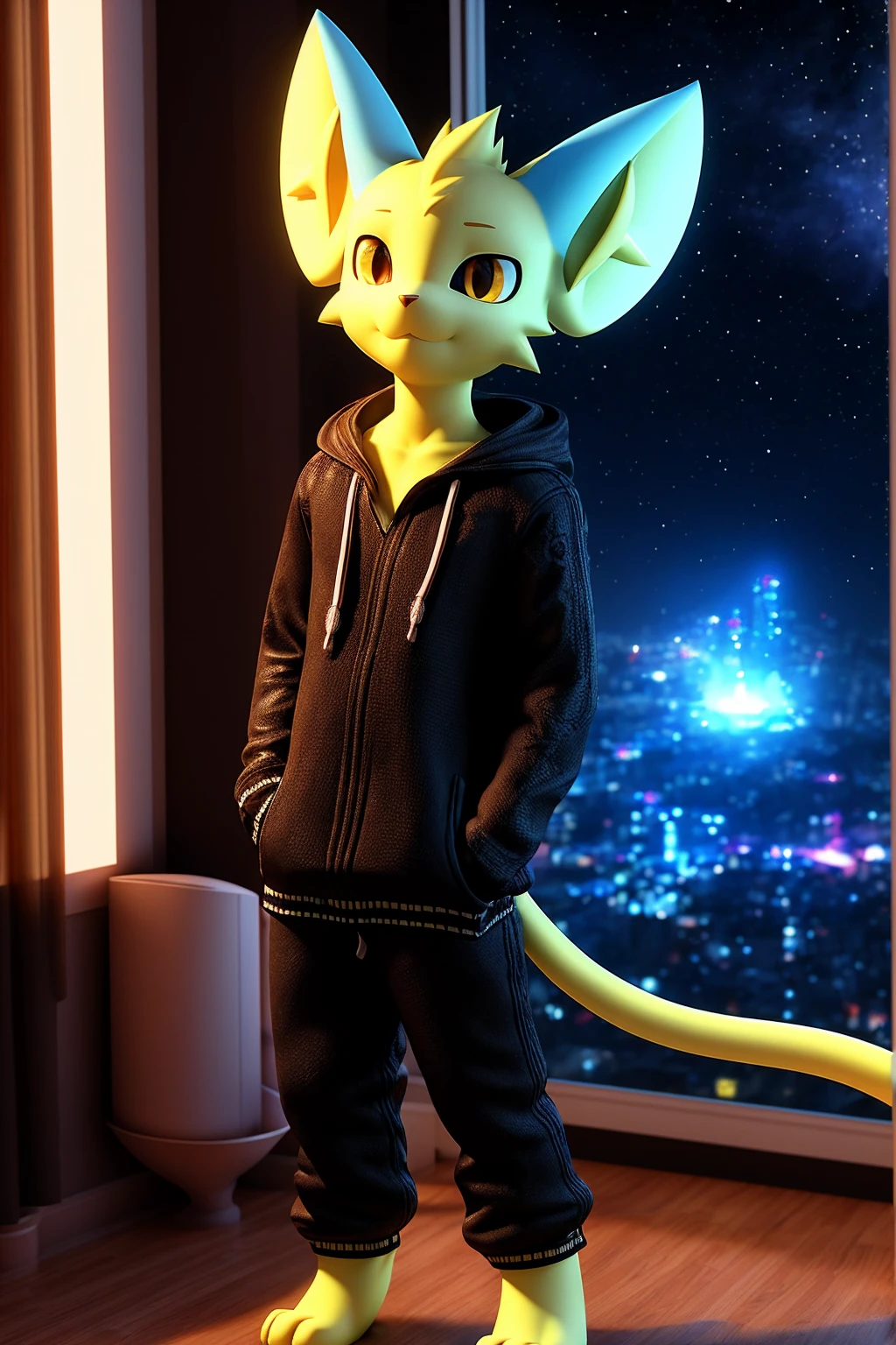 high qualiy, 4K, beautiful design, Ablaze, Furry, Cat, shinx, male, Waering a Hoodie, Showing extremely detailed chest, incredible, fine-details, hyperrealisti, 3d, octane rendering, standing alone, tecido Ablaze, posing in an apartment overlooking the starry sky, Black Embroidery