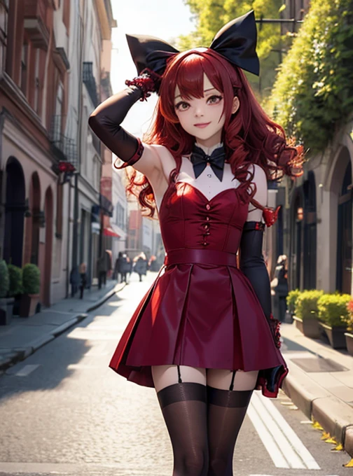 Alice,  vampire girl,  very curly red hair,  head bow,  very tiny miniskirt,  pantyhose crotch,  candid upskirt,  satin elbow gloves,  shoes, sun shiny day 