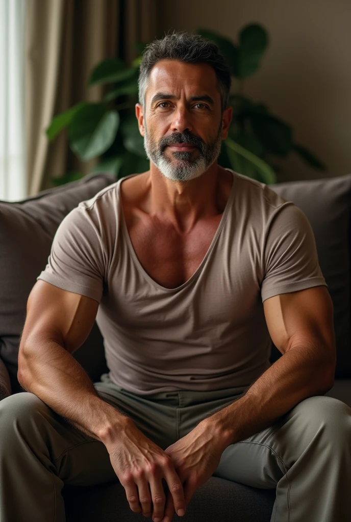 40 years old body builder white men wearing unbuttoned double pocket multi colored shirt at home on sofa