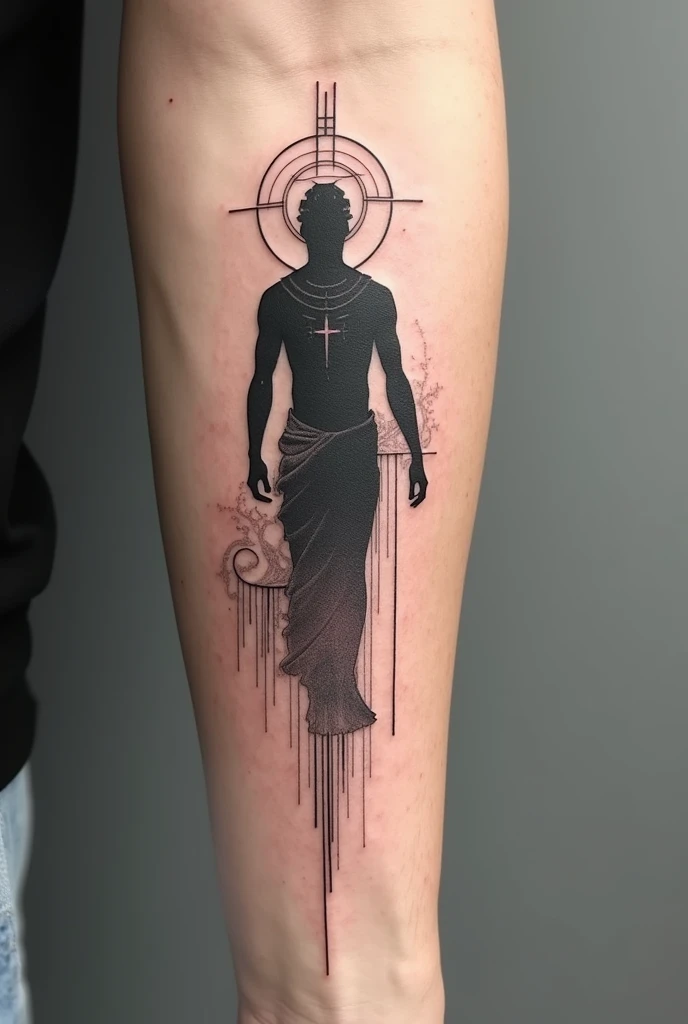 A tattoo of a gay Saint Sebastian with a halo, arrows crossed on the chest, neck, and leg, and hands tied up, in a black work and minimalist style,1 man,highly detailed tattoo,black and white,minimalist art,black work tattoo,saint sebastian,gay saint sebastian,halo,arrows crossed on chest neck leg,hands tied,dramatic pose,high contrast,black and grey,detailed lines,clean lines,dark tattoo style