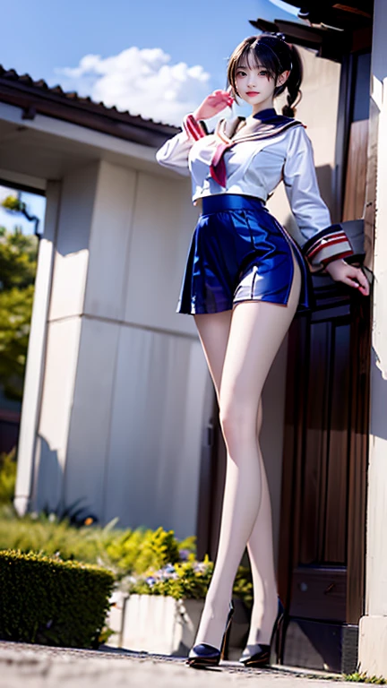 Super huge breasts, Cute Japanese Girl, (Huge breasts:1.8), Long black hair,ponytail, bangs, (school uniform), Tight waist, (Outdoor, garden, blue sky),(high school girl), (oily skin:1.6), (sailor suit:1.5), (pony tail:1.5), heavy makeup, Masterpiece,Best quality,A high resolution, 1girl, From below, (Very thin and straight legs, (Very long legs, Straight legs),High heels,long leges,standing on your feet, Long legs as seen from the front, Perfect body, with perfect legs