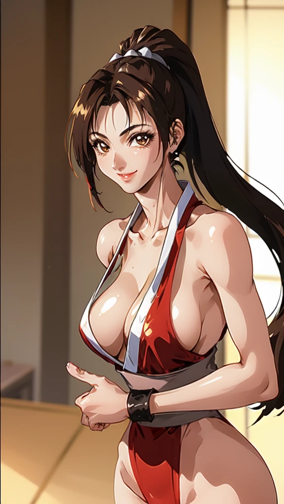 ((Upper Body、Mai Shiranui,ponytail,Background is a Japanese-style room in a Japanese house:1.3)),upper body, Looking at the audience,Slim and sexy figure, the best quality, (8k), (4K),(masterpiece), (the best quality), Extremely detailed, Game CG, Ultra Detailed, illustration, Beautiful Body,Beautiful nose,fair character design, Perfect Eye, Perfect Face , 1 girl, 30 years,Fair Finger,Fair body, Fair Nose,Fair character design, perfect Eye, perfect Face,expressive Eye,Perfect balance,(Focus on her Face),(Light_Smile:0.3), official art,Extremely detailed CG Unity 8K wallpaper, Perfect lighting,rich and colourful, bright_front_Face_Lighting,White skin, (masterpiece:1.0),(the best_quality:1.0), Ultra-high resolution,4K,Ultra Detailed, photography, 8k, HDR, high resolution, Kodak Portrait 400, Film Grain, Blurred background, bokeh:1.2,Professional photographer, (Fair,Big goals_Chest:1.4), underwear,lace, underwear, lingerie、(((smile,pretty face:1.3)))