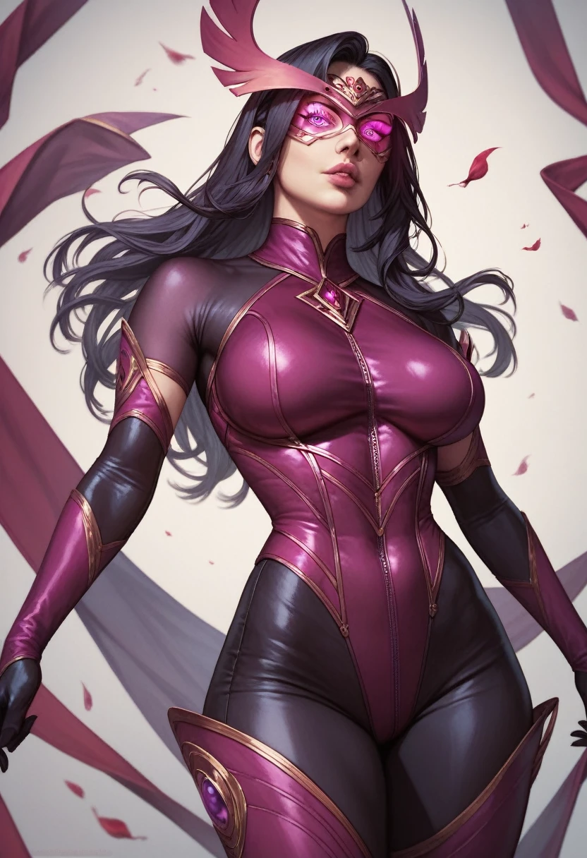 1woman, beautiful, long black hair, magenta tiara, magenta open belly leotard, magenta gloves, magenta high boots, superhero, breast cleavage