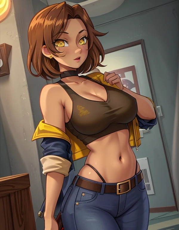 1girl, solo, 2, short hair, brown hair, (yellow eyes:1.5), tan-bronze skin, tan-skinned female, athletic figure, medium breasts BREAK She’s wearing early 2000's fashion: opened red jacket, black tank-top, (midriff), belt, jeans BREAK looking at viewer, BREAK set in the early 2000’s, BREAK (masterpiece:1.2), best quality, high resolution, unity 8k wallpaper, (illustration:0.8), (beautiful detailed eyes:1.6), extremely detailed face, perfect lighting, extremely detailed CG, (perfect hands, perfect anatomy),