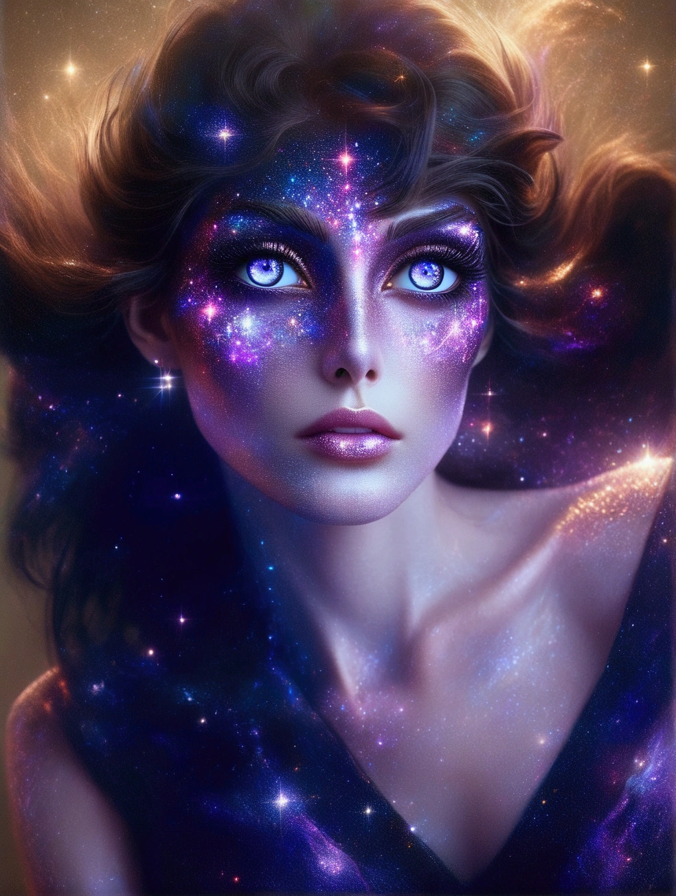 arafed woman with blue eyes and a black dress with a purple glow, portrait of a cosmic goddess, stars in her gazing eyes, strange portrait with galaxy, beauty blade runner woman, futuristic woman portrait, portrait beautiful sci - fi girl, cyborg goddess in cosmos, portrait of a sci - fi woman, sci - fi look, “ femme on a galactic shore