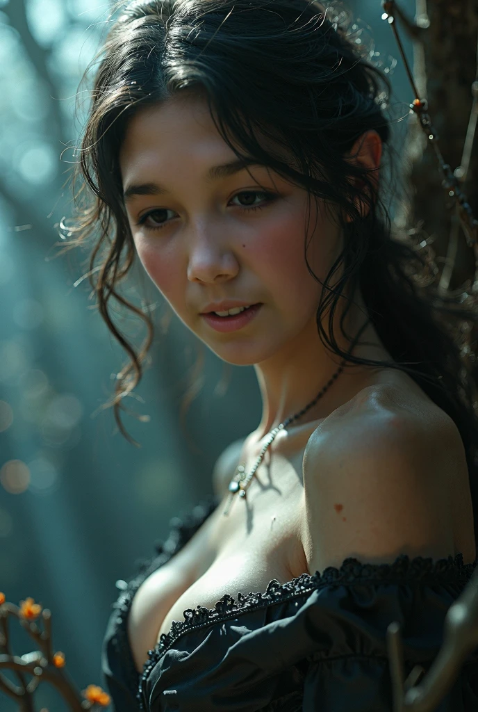 Best quality, masterpiece, super high resolution, Princess Leia soaking in a hot spring, outdoor hot spring, stone hot spring, surrounded by moss and trees, super beautiful face, pure body, no makeup, clear pores visible, wearing split lace bandeau, micro breasts, small breasts, (realism: 1.8), original photo, soaked body, covered in sweat, bare shoulders, in the dark, deep shadows, low-key, cold light