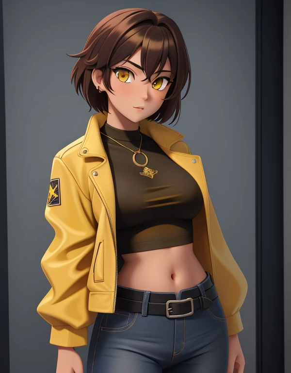 1girl, solo, 2, short hair, brown hair, (yellow eyes:1.5), tan-bronze skin, tan-skinned female, athletic figure, medium breasts BREAK She’s wearing early 2000's fashion: opened red jacket, black tank-top, (midriff), belt, jeans BREAK looking at viewer, BREAK set in the early 2000’s, BREAK (masterpiece:1.2), best quality, high resolution, unity 8k wallpaper, (illustration:0.8), (beautiful detailed eyes:1.6), extremely detailed face, perfect lighting, extremely detailed CG, (perfect hands, perfect anatomy),
