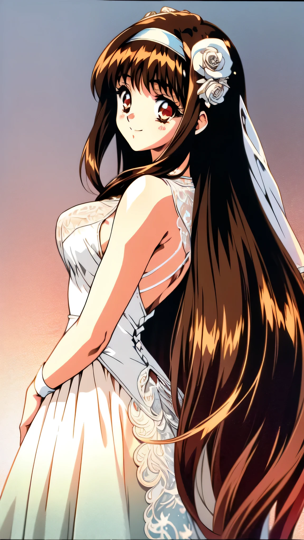 YuukiMizuho, 1girl, college age, solo, A light smile, (Silvery brown hair with reddish brown streaks:1.4), (Gradient brown hair tip:1.6), hair, Ridiculously long hair, Shiny Hair, Floating Hair, (Deep red eyes), Delicate eyes, Red eyes, Very fine eye, Long upper eyelashes, compensate, Focus on the face, Very detailed facial, Pretty face, Perfect breasts, Hot body, (Delicate skin texture:1.2), ((White hair band:1.2)), (lace trim dress, See through, Wedding Dress), (Outdoor, White Rose, garden), morning, Are standing, Very detailed, retro art style, 1990s (style), expensive quality, very_expensive_solve, big_file size, Full Color,