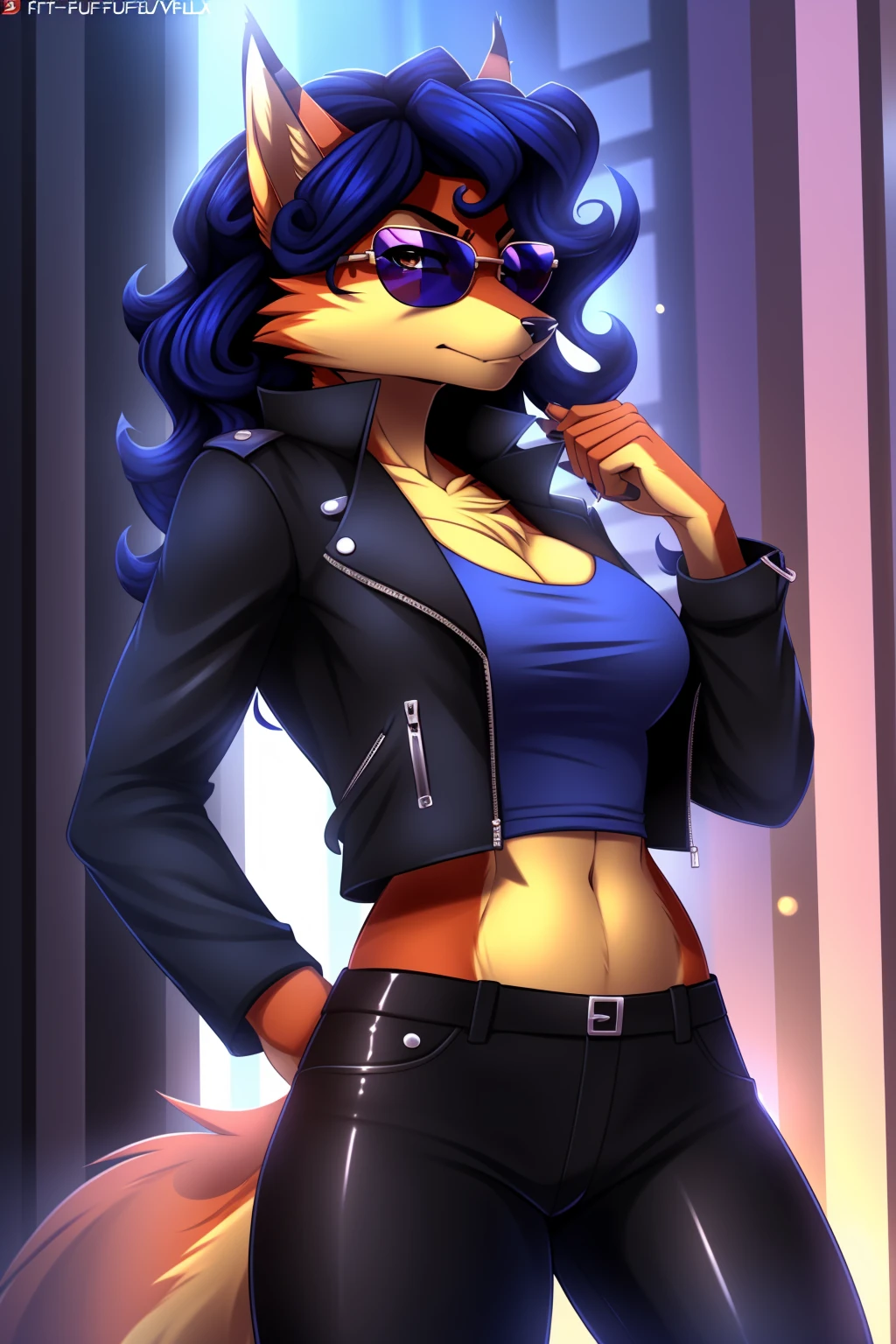 By zinfyuu on pixiv,by twistedscarlet60, uploaded on pixiv, by fluff-kevlar, (masterpiece), (best quality), (anthro furry:1.3, snout:1.2, anthro:1.3, furry:1.2, solo female:1.2), (extremely detailed:1.3), (Detailed eye part: White lens, brown iris,black cornea), tall, slim body, orange fur, carmelita fox, carmelita, black leather jacket:1.5), black jacket, leather jacket, black leather pants, black pants, leather pants, (sunglasses:1.2), rectangular sunglasses, dark sunglasses, dark glasses, black sunglasses, serious face, serious expression