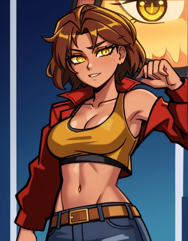 1girl, solo, 2, short hair, brown hair, (yellow eyes:1.5), tan-bronze skin, tan-skinned female, athletic figure, medium breasts BREAK She’s wearing early 2000's fashion: opened red jacket, black tank-top, (midriff), belt, jeans BREAK looking at viewer, BREAK set in the early 2000’s, BREAK (masterpiece:1.2), best quality, high resolution, unity 8k wallpaper, (illustration:0.8), (beautiful detailed eyes:1.6), extremely detailed face, perfect lighting, extremely detailed CG, (perfect hands, perfect anatomy),
