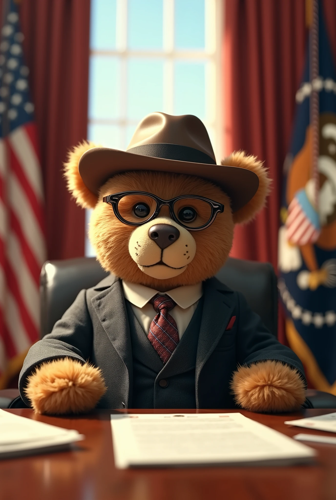 A high-fidelity, whimsical depiction of a teddy bear seated in the Oval Office, dressed in the iconic attire of President Theodore Roosevelt. The teddy bear, with soft fur and a charming expression, dons Roosevelt's signature glasses and monocle, a formal suit, and a classic cowboy hat, perfectly capturing the essence of the historical figure in a playful, imaginative way.

The grand setting of the Oval Office is rendered in meticulous detail, with the presidential desk, flags, and polished wooden floors bathed in warm, natural light filtering through the large windows. The bear sits proudly behind the presidential desk, exuding a sense of authority and charm, its tiny paws resting on papers scattered across the desk, as if mid-task in its presidential duties.

The iconic room's details, from the rich textures of the drapes to the elegant decor, add depth to the scene. Subtle specular highlights gleam off the polished surfaces, giving the room a lifelike realism. The composition seamlessly blends history, whimsy, and charm, presenting a delightful fantasy of a teddy bear stepping into the shoes of a beloved American president.