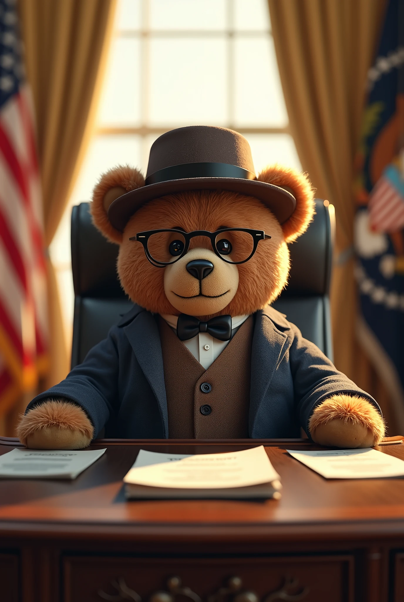 A high-fidelity, whimsical depiction of a teddy bear seated in the Oval Office, dressed in the iconic attire of President Theodore Roosevelt. The teddy bear, with soft fur and a charming expression, dons Roosevelt's signature glasses and monocle, a formal suit, and a classic cowboy hat, perfectly capturing the essence of the historical figure in a playful, imaginative way.

The grand setting of the Oval Office is rendered in meticulous detail, with the presidential desk, flags, and polished wooden floors bathed in warm, natural light filtering through the large windows. The bear sits proudly behind the presidential desk, exuding a sense of authority and charm, its tiny paws resting on papers scattered across the desk, as if mid-task in its presidential duties.

The iconic room's details, from the rich textures of the drapes to the elegant decor, add depth to the scene. Subtle specular highlights gleam off the polished surfaces, giving the room a lifelike realism. The composition seamlessly blends history, whimsy, and charm, presenting a delightful fantasy of a teddy bear stepping into the shoes of a beloved American president.