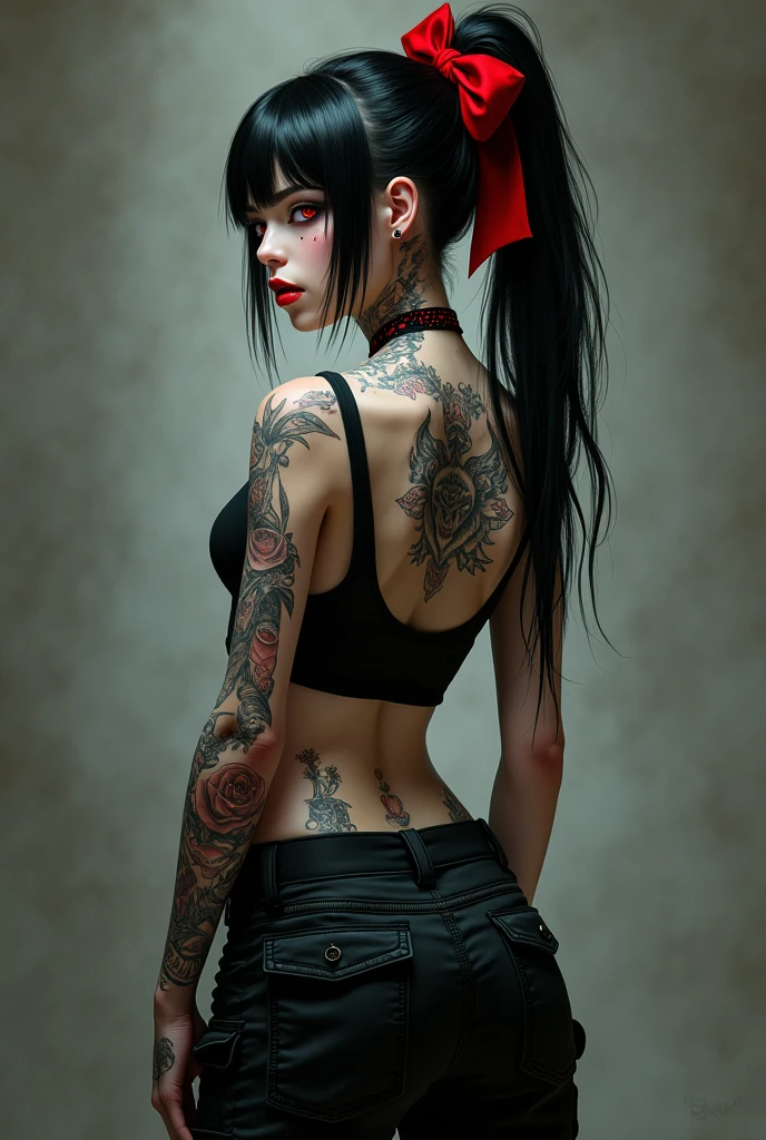 garota, mulher, jovem 19 anos, Coreano, com feriadas pelo corpo, mostrando as costas, Single tattoo fully covering the back and arms, da yakuza, tatuagem de oni, Ignoring the camera, na cidade de sibuya, detalhada, Impeccable, Intrincado, Realismo, RTX, 8k