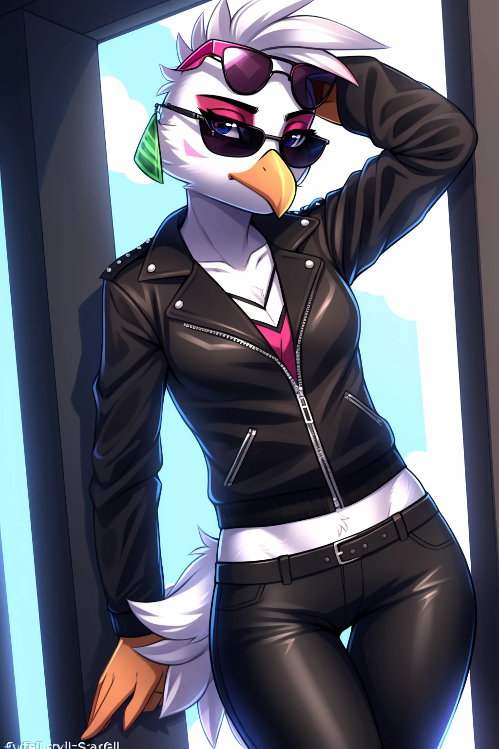 By zinfyuu on pixiv,by twistedscarlet60, uploaded on pixiv, by fluff-kevlar, (masterpiece), (best quality), (anthro furry:1.3, snout:1.2, anthro:1.3, furry:1.2, solo female:1.2), (extremely detailed:1.3), tall slim body, glamrockchica,anthro, black leather jacket:1.5), black jacket, leather jacket, black leather pants, black pants, leather pants, (sunglasses:1.2), rectangular sunglasses, dark sunglasses, dark sunglasses, black sunglasses, serious face, serious expression, 1 pair of glasses, 