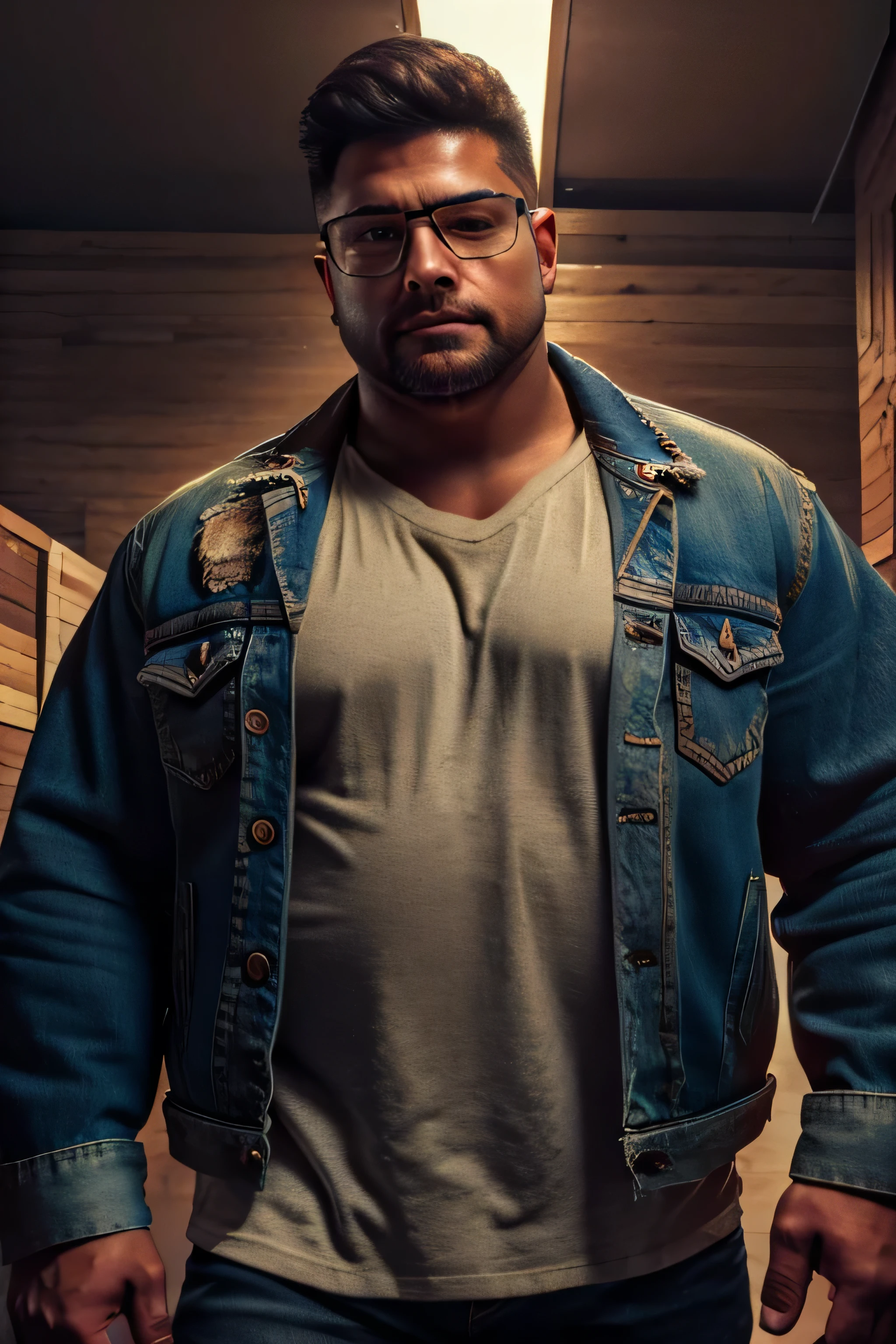 (8k. hyper-realistic. high definition) handsome chubby-faced Caucasian. wearing glasses. scruffy face. wearing a denim jacket. black t-shirt. medium-length hair. fringe covering one eye.