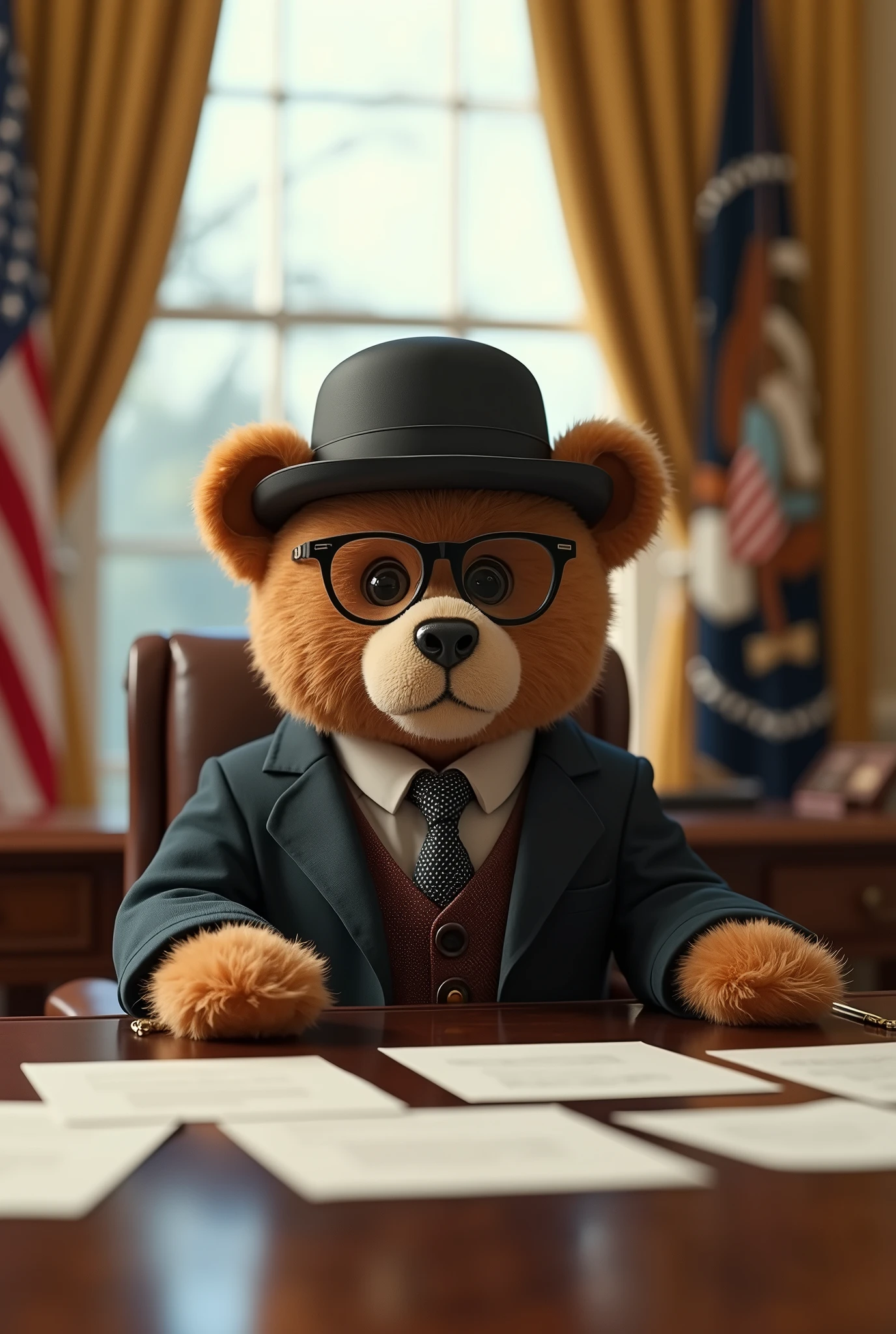 A high-fidelity, whimsical depiction of a teddy bear seated in the Oval Office, dressed in the iconic attire of President Theodore Roosevelt. The teddy bear, with soft fur and a charming expression, dons Roosevelt's signature glasses and monocle, a formal suit, and a classic cowboy hat, perfectly capturing the essence of the historical figure in a playful, imaginative way.

The grand setting of the Oval Office is rendered in meticulous detail, with the presidential desk, flags, and polished wooden floors bathed in warm, natural light filtering through the large windows. The bear sits proudly behind the presidential desk, exuding a sense of authority and charm, its tiny paws resting on papers scattered across the desk, as if mid-task in its presidential duties.

The iconic room's details, from the rich textures of the drapes to the elegant decor, add depth to the scene. Subtle specular highlights gleam off the polished surfaces, giving the room a lifelike realism. The composition seamlessly blends history, whimsy, and charm, presenting a delightful fantasy of a teddy bear stepping into the shoes of a beloved American president.