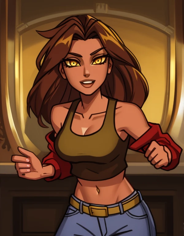 1girl, solo, 24yo, wavy hair, brown hair, (yellow eyes:1.5), tan-bronze skin, tan-skinned female, athletic figure, medium breasts BREAK She’s wearing early 2000's fashion: opened red jacket, black tank-top, (midriff), belt, jeans BREAK looking at viewer, BREAK set in the early 2000’s, BREAK (masterpiece:1.2), best quality, high resolution, unity 8k wallpaper, (illustration:0.8), (beautiful detailed eyes:1.6), extremely detailed face, perfect lighting, extremely detailed CG, (perfect hands, perfect anatomy),
