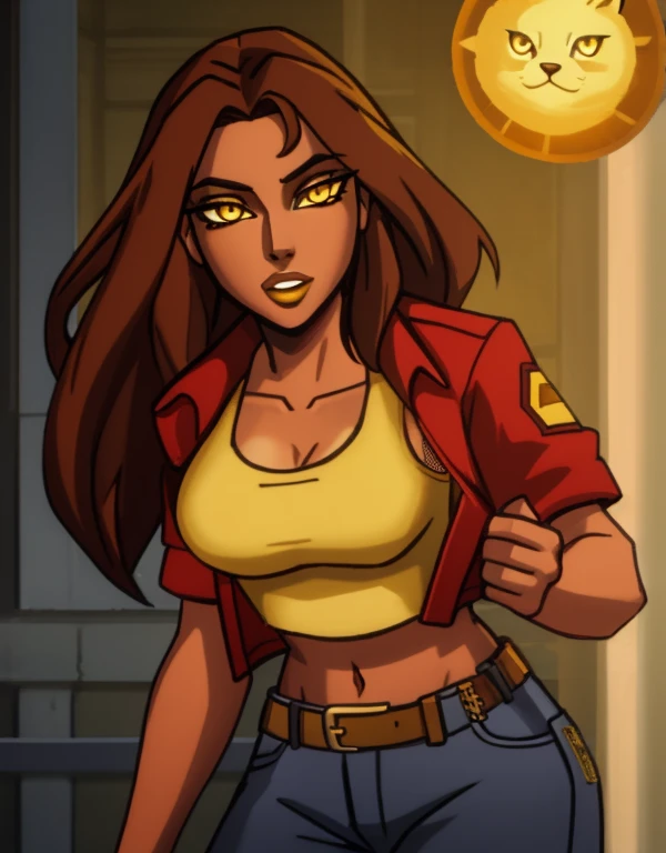 1girl, solo, 24yo, wavy hair, brown hair, (yellow eyes:1.5), tan-bronze skin, tan-skinned female, athletic figure, medium breasts BREAK She’s wearing early 2000's fashion: opened red jacket, black tank-top, (midriff), belt, jeans BREAK looking at viewer, BREAK set in the early 2000’s, BREAK (masterpiece:1.2), best quality, high resolution, unity 8k wallpaper, (illustration:0.8), (beautiful detailed eyes:1.6), extremely detailed face, perfect lighting, extremely detailed CG, (perfect hands, perfect anatomy),
