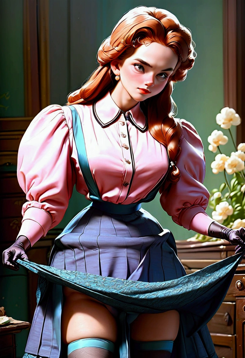 A group of teenage girls, of different hair colors, ages 13 to 15, flirting with old perverts in the 1890s, (((pulling up their long skirts, revealing their high-waisted bloomers))). Victorian setting. 1890_dr3ss. Year 1898. Colorful high-collar shirtwaists with puff sleeves, long skirts, elegant hats, ribbon ties or cameo brooches, gloves, petticoats, thigh-high silk stockings with garters and button boots.