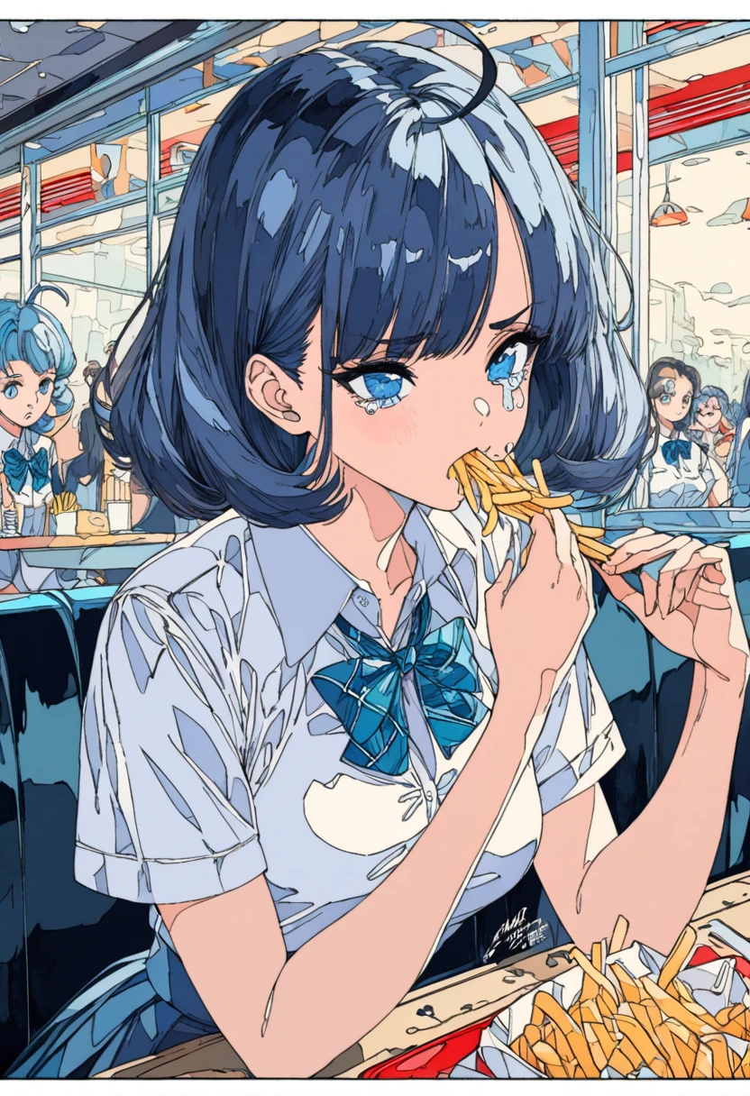 (((beautiful detailed)))(cute face:1.2)1girl, A girl stuffing her face with french fries, Girl crying while eating a pile of french fries, Inside a 1950s-style diner, 1950s-style interior, Navy blue hair, blue eyes, A short-sleeved white shirt with four vertical bow ties, Ahoge, long bob cut with fluffy hair(sharp lines:1.2)(clear line:1.2)(eye details:1.3)(thick border:1.4) animation cel style,ligne claire, limited palette((masterpiece, high quality, best quality))(low contrast: 0.5),Anna yanami, blue hair, blue eyes, school uniform, makeine, too many losing heroines,Watercolor style, watercolor pencil, paper texture,90s style,Anna yanami, blue hair, blue eyes, school uniform, makeine, too many losing heroines, 