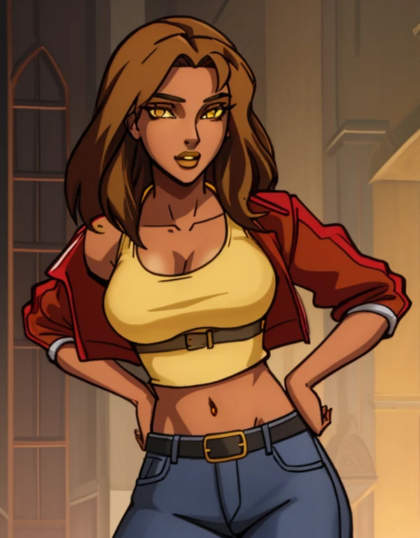 1girl, solo, 24yo, wavy hair, brown hair, (yellow eyes:1.5), tan-bronze skin, tan-skinned female, athletic figure, medium breasts BREAK She’s wearing early 2000's fashion: opened red jacket, black tank-top, (midriff), belt, jeans BREAK looking at viewer, BREAK set in the early 2000’s, BREAK (masterpiece:1.2), best quality, high resolution, unity 8k wallpaper, (illustration:0.8), (beautiful detailed eyes:1.6), extremely detailed face, perfect lighting, extremely detailed CG, (perfect hands, perfect anatomy),
