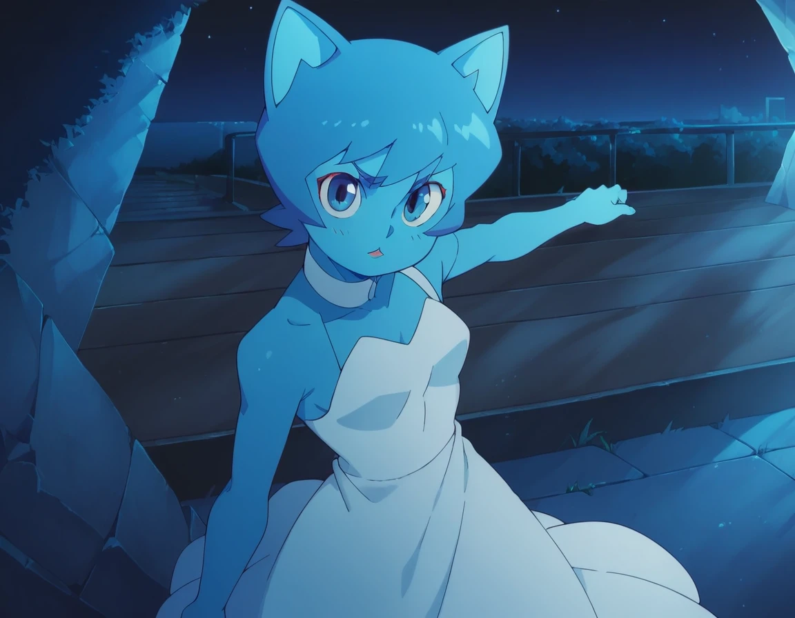 Nicole Watterson, blue skin, blue hair, cat ears, blue eyes, outdoors, night, white dress, beautiful dress, alone