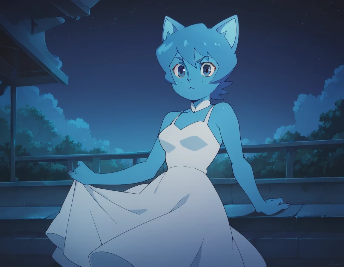 Nicole Watterson, blue skin, blue hair, cat ears, blue eyes, outdoors, night, white dress, beautiful dress, alone