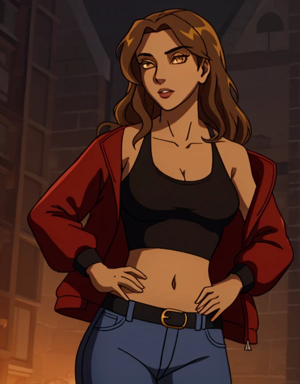 1girl, solo, 24yo, wavy hair, brown hair, (yellow eyes:1.5), tan-bronze skin, tan-skinned female, athletic figure, medium breasts BREAK She’s wearing early 2000's fashion: opened red jacket, black tank-top, (midriff), belt, jeans BREAK looking at viewer, BREAK set in the early 2000’s, BREAK (masterpiece:1.2), best quality, high resolution, unity 8k wallpaper, (illustration:0.8), (beautiful detailed eyes:1.6), extremely detailed face, perfect lighting, extremely detailed CG, (perfect hands, perfect anatomy),
