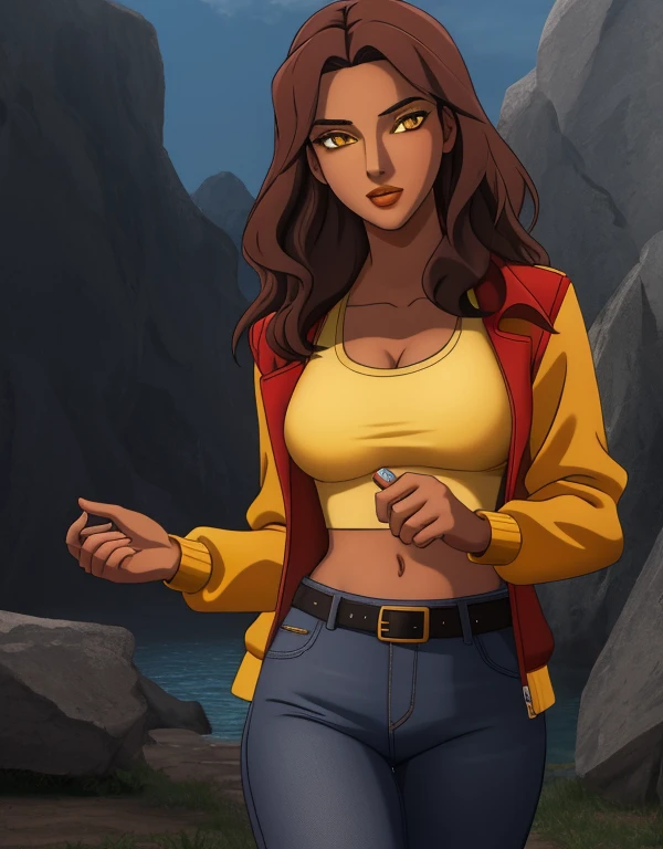 1girl, solo, 24yo, wavy hair, brown hair, (yellow eyes:1.5), tan-bronze skin, tan-skinned female, athletic figure, medium breasts BREAK She’s wearing early 2000's fashion: opened red jacket, black tank-top, (midriff), belt, jeans BREAK looking at viewer, BREAK set in the early 2000’s, BREAK (masterpiece:1.2), best quality, high resolution, unity 8k wallpaper, (illustration:0.8), (beautiful detailed eyes:1.6), extremely detailed face, perfect lighting, extremely detailed CG, (perfect hands, perfect anatomy),
