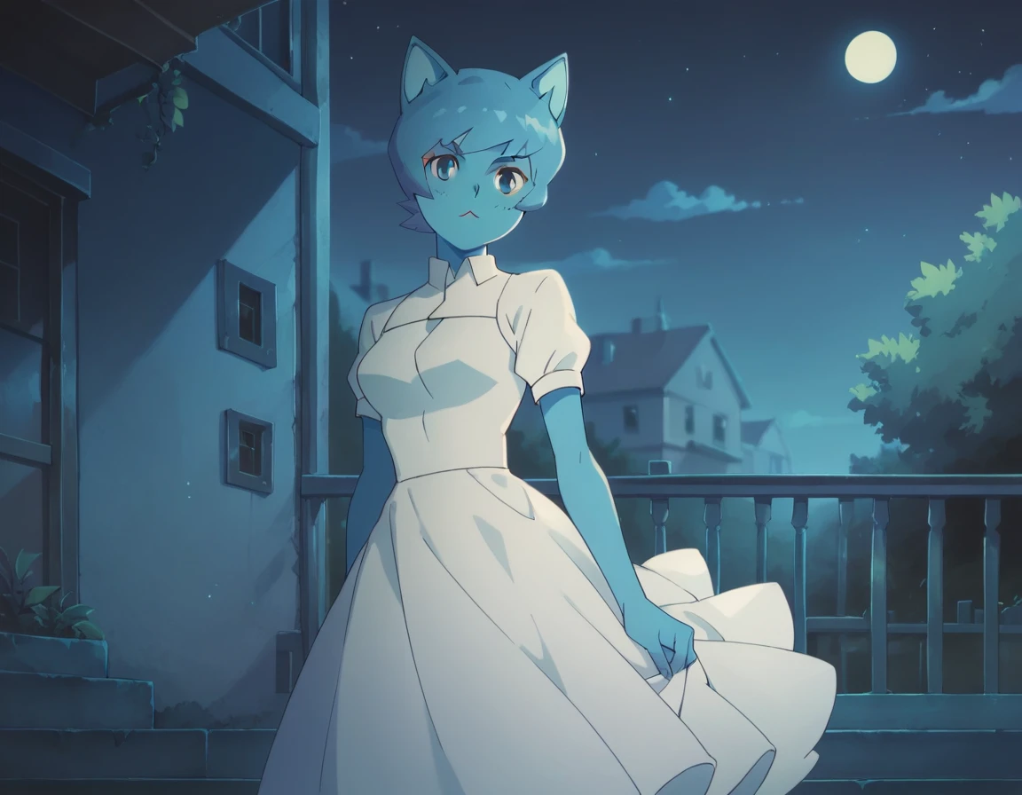 Nicole Watterson, blue skin, blue hair, cat ears, blue eyes, outdoors, night, white dress, beautiful dress, alone