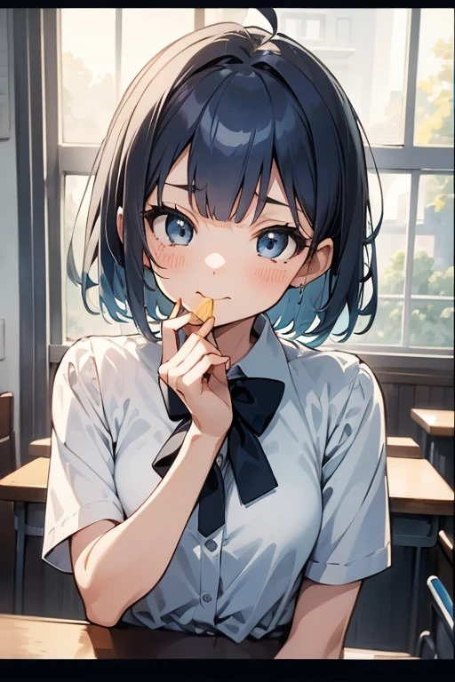 (((beautiful detailed)))(cute face:1.2)1girl, A girl stuffing her face with french fries, Girl crying while eating a pile of french fries, Inside a 1950s-style diner, 1950s-style interior, Navy blue hair, blue eyes, A short-sleeved white shirt with four vertical bow ties, Ahoge, long bob cut with fluffy hair(sharp lines:1.2)(clear line:1.2)(eye details:1.3)(thick border:1.4) animation cel style,ligne claire, limited palette((masterpiece, high quality, best quality))(low contrast: 0.5),Anna yanami, blue hair, blue eyes, school uniform, makeine, too many losing heroines,Watercolor style, watercolor pencil, paper texture,90s style,Anna yanami, blue hair, blue eyes, school uniform, makeine, too many losing heroines, 