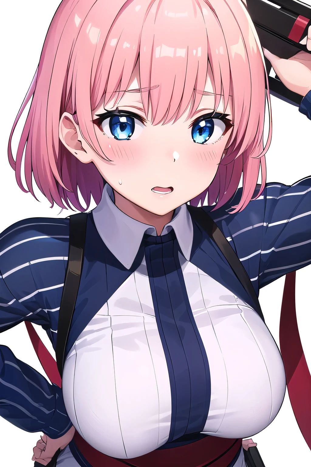 girl,boyish, very short hair, pink Hair, medium Breasts, Dresses for Summer ,Cowboy Shot,blush,sexy face,blue eyes,front leg pose,Tight fit,clearly,Striped pattern, (white background:1.3), 