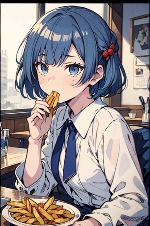 (from below:1.2),(from side:0.9), ((beautiful Face)), (Close-Up:0.6), ((looking at viewer, holding a icecream)),(Italian sweets magazine cover:1.4), highest quality、(real、photorealistic:1.5),(ultra high resolution,dark blue hair,long hair,side ponytail,hair between eyes,bangs, (beret, black jacket, open clothes, cleavage, midriff, black perfect medium skirt, black thighhighs, thigh strap, fingerless gloves, single glove:1.2), (double breasted,under bust:1.2), sitting at a table, cute, visual of a cute girl, cute girl, eating cakes, young girl, guweiz, high quality anime artstyle, anime girl, artwork in the style of guweiz, beautiful girl, pretty girl, official artwork,(with sparkling eyes and a contagious smile),her thin pubic hair, looking at viewer, pose muy sexy"