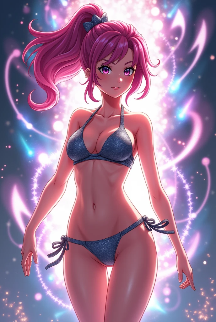 ((​masterpiece、top-quality:1.5、a high chroma:1.5、ultra-detailliert、high-resolution illustrations:1.5、Ultra-high-definition CG、8k size wallpaper、offcial art))、(1girl,),(erotic cute face:1.5,cute eyes:1.5)、(clear face:1.3)、(sexy body),(),(erotic pink pilot suit:1.5,chest cut:1.3 ),(fluorescence multicolored hair:1.5), (large breasts:1.3)、(Plump)、
,(Glossy costumes),()、(cowboy shot:1.5)、rainbow-colored hair、(outer space)