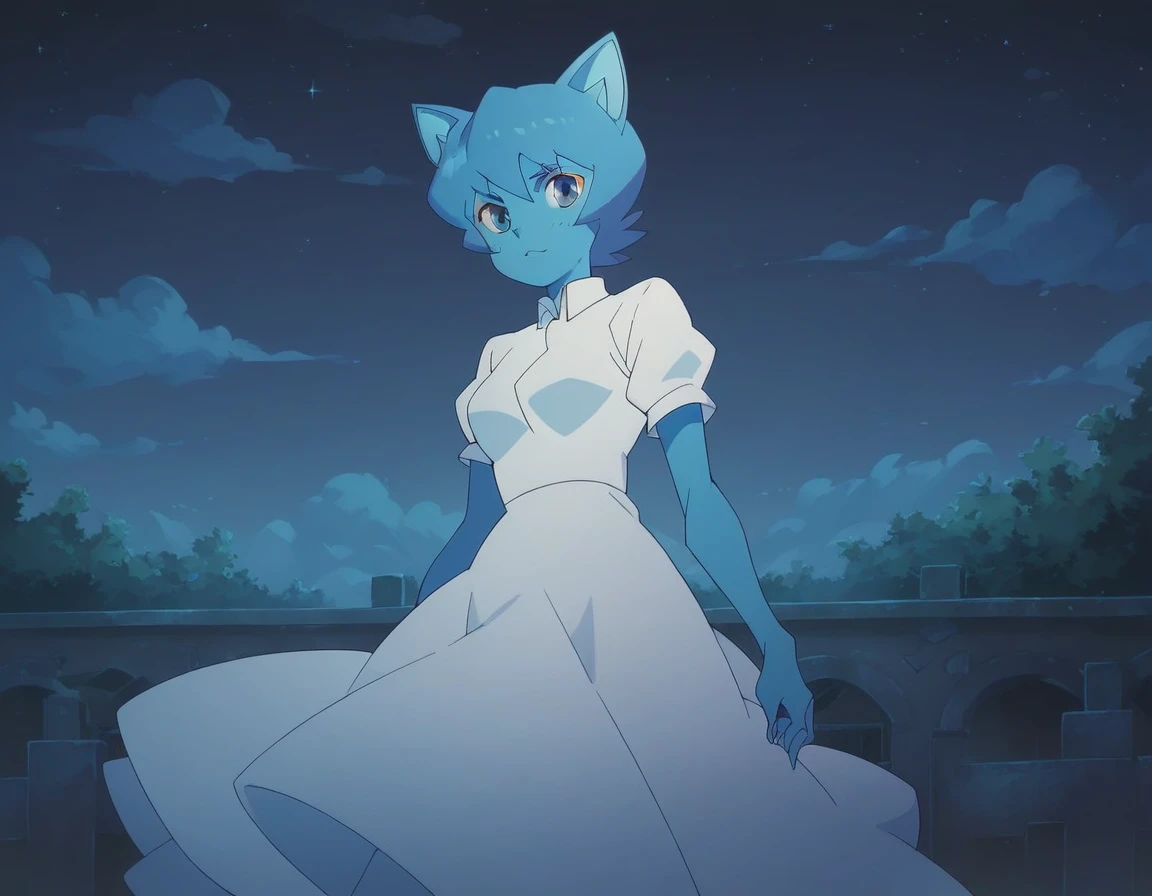 Nicole Watterson, blue skin, blue hair, cat ears, blue eyes, outdoors, night, white dress, beautiful dress, alone