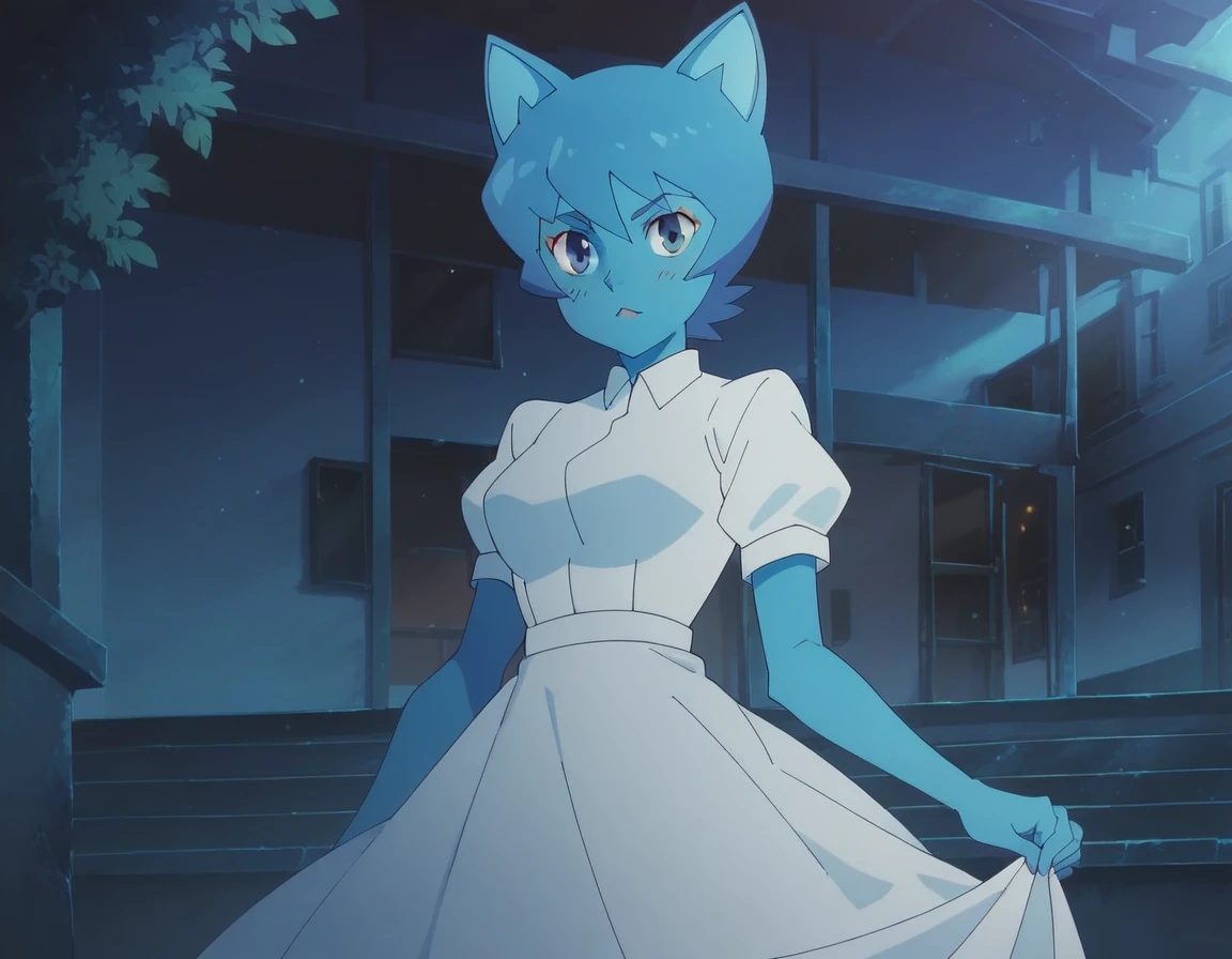 Nicole Watterson, blue skin, blue hair, cat ears, blue eyes, outdoors, night, white dress, beautiful dress, alone